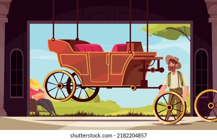 Horse Drawn Vehicle Cartoon Poster With Artisan Replacing Broken Carriage Wheel Flat Vector Illustration