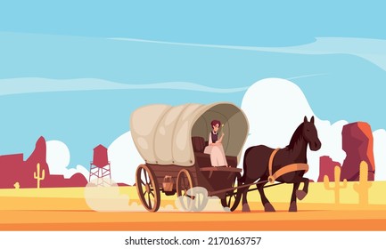 Horse drawn vintage vehicle cartoon composition with girl sitting in covered wagon at south nature background vector illustration svg