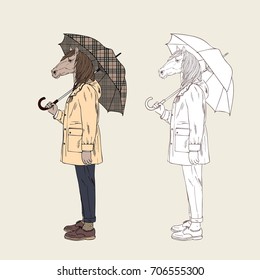 horse dressed up in raincoat with umbrella, furry art illustration, fashion animals