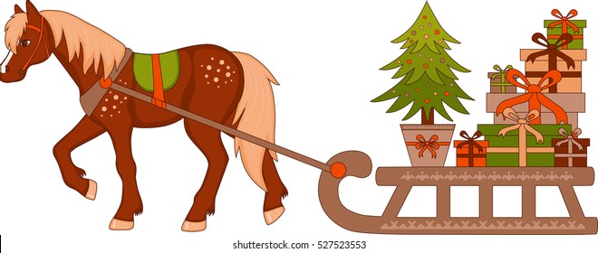 Horse Driven Sleigh With Boxes Of Gifts And Christmas Tree In A Pot 