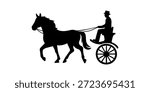Horse and driver silhouette pulling a carriage on a white background