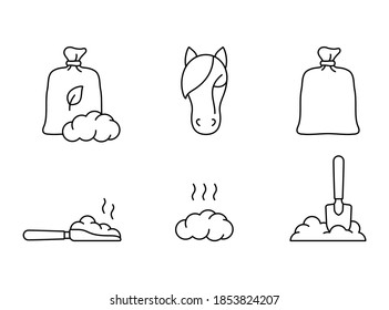 Horse dung. Linear icons set of bag, scoop, shovel, pile. Black simple illustration of organic manure, plant fertilizer for agriculture, farming. Contour isolated vector pictogram on white background