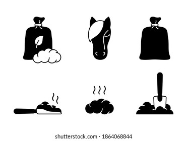 Horse dung silhouette icons set. Outline bag, scoop, shovel, pile. Black illustration of organic manure, plant fertilizer for agriculture, farming. Flat isolated vector pictogram on white background