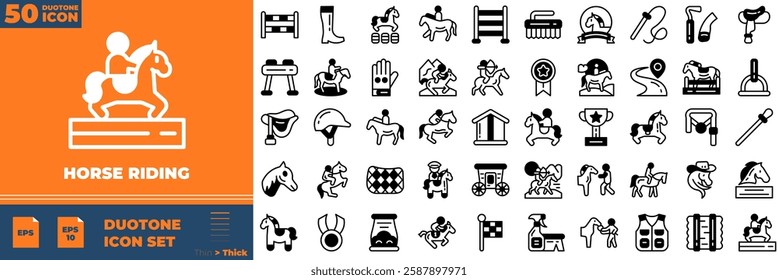 Horse Duotone Line Editable Icons set. Vector illustration in modern thin duotone style of horse riding icons: Horse riding, racing, horseshoe, medal, etc