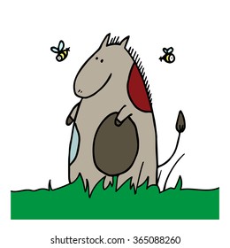 Horse is eating grass and the bees