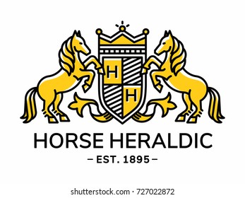 Horse Emblem Heraldry Line Style With Shield And Crown - Vector Illustration, Logo Design On White Background