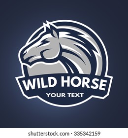 Horse emblem, logo for a sports team on a dark background.