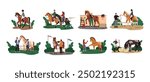 Horse equestrian. Jockeys on horseback. Equine sport. Horseman riding. Rider farm horseback. Girl training pony. Care pet. Domestic animal. Village livestock. Vector tidy equestrianism concept set