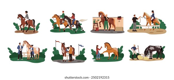 Pferdereiten. Jockeys auf dem Pferd. Pferdesport. Reiten. Reiter Bauernhof Pferd. Mädchen trainieren Pony. Pflegetier. Haustier. Dorfvieh. Reitsport-Konzept