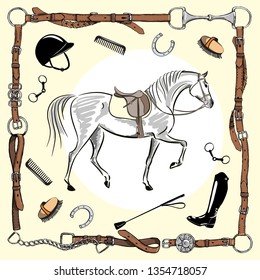 Horse equestrian riding gear tack tool in leather belt bridle frame on white. Vector saddlery set bit, whip, brush, horse shoe, riding boot, snaffle. Equine cartoon hand drawing background.