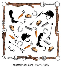 Horse equestrian riding tack tool in leather belt bridle frame on white. Vector bit, whip, brush, horse shoe, riding boot, snaffle. Equine cartoon hand drawing background.