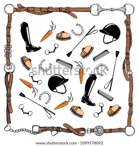 Horse equestrian riding tack tool in leather belt bridle frame on white. Vector bit, whip, brush, horse shoe, riding boot, snaffle. Equine cartoon hand drawing background.