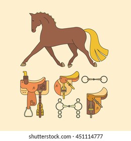 Horse and equine gear. Different saddles including western, bits and horse made in vector. Isolated equestrian elements.