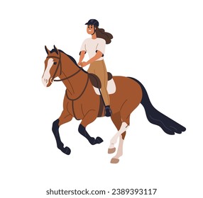 Horse, equine rider, riding horseback. Happy woman, girl equestrian on galloping stallion. Horseriding activity. Horsewoman training. Flat graphic vector illustration isolated on white background