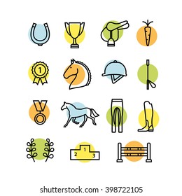 Horse Equipment Icon Set Thin Line. Color In Circle Logo, Logotype, Sign, Symbol. Horseshoe, Winner, Horse, Saddle, Equestrian Icon Equestrian Horses Logotype