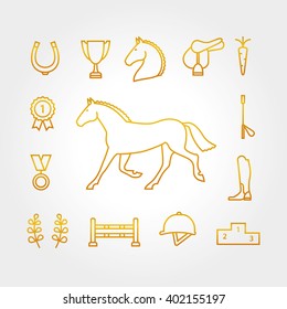 Horse equipment icon set thin line. Color in circle logo, logotype. Gold sign, symbol. Horseshoe, winner,  saddle, equestrian icon. Equestrian horse logotype.
