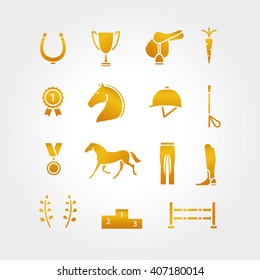 Horse equipment icon set thin line. Color in circle logo, logotype. Gold sign, symbol. Horseshoe, winner,  saddle, equestrian icon. Line element, equestrian horse logotype.