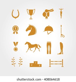 Horse equipment icon set thin line. Color in circle logo, logotype. Gold sign, symbol. Horseshoe, winner,  saddle, equestrian icon. Line element, equestrian horse logotype.