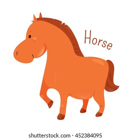 Horse. Equus ferus caballus. Odd-toed ungulate mammal belonging to the taxonomic family Equidae .Part of series of cartoon home animal species. Domestic pets. Sticker for kids. Child fun icon. Vector