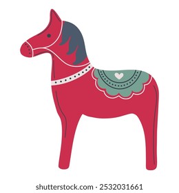 Caballo. Arte popular étnico, cerámica o figura animal de madera con adorno decorativo. Símbolo tradicional de Navidades escandinavas.  Ilustración vectorial de diseño plano dibujado a mano.
