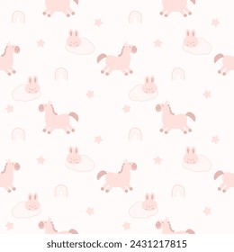 Horse face rabbit pink cartoon so cute. On cloud star rainbow white background. Good night. Pattern seamless vector illustration. 

