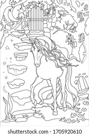 Horse in a fantastic garden or forest. Vector illustration. Coloring book for adult and older children.Outline drawing coloring page.