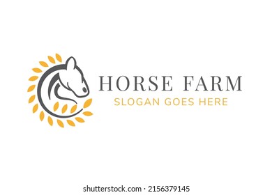 horse farm logo design template. combination of horse in line style and leaf using orange color. 