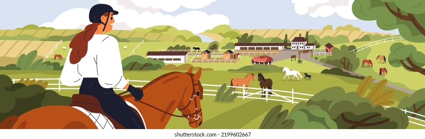 Horse Farm Outdoors Landscape. Equine Field, Ranch Scenery Panorama With Stallions, Stalls, Stables, Grass Pasture In Nature. Equestrian Rider And Stud Panoramic View. Flat Vector Illustration