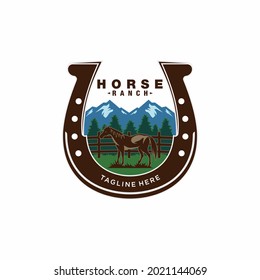 Horse farm template logo design with western countryside view, horseshoe logo design