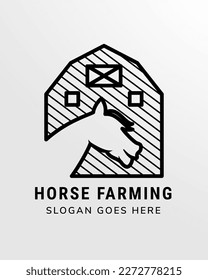 horse farming logo design template. the illustration use combination of horse stable and head of horse. line style with black color object. isolated on grey white gradient background. vertical layout.
