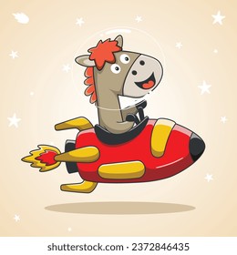 El caballo vuela a la luna en un cohete. Personaje de dibujos animados para los niños. Perro de perro. Tema espacial. Ilustración vectorial.