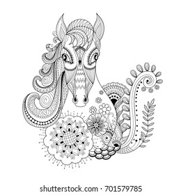 Horse in floral zentangle for adult coloring book page.vector illustration.