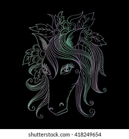 Horse in the flowers. Decorative style.