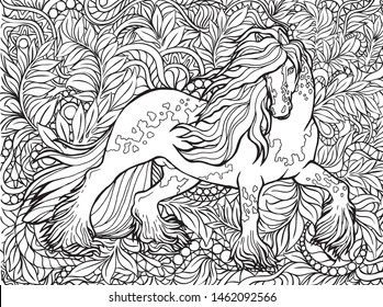 Horse and flowers. Magical animal. Vector artwork. Black and white, monochrome. Coloring book pages for adults and kids. Zentangle Illustration. Boho, bohemian. Spring, summer pattern print