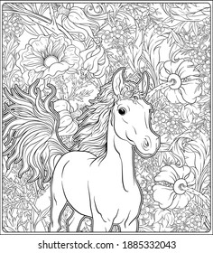 Caballos y flores. Ilustración del vector de contorno. Página de coloreado para el libro de colorear adulto. ...