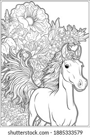 Horse and Flowers. Outline vector illustration. Coloring page for the adult coloring book. .