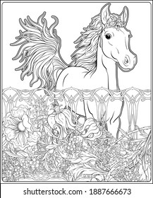 Horse Flowers Outline Vector Illustration Coloring Stock Vector ...