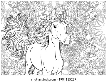 Horse and Flowers. Outline vector illustration. Coloring page for the adult coloring book. .