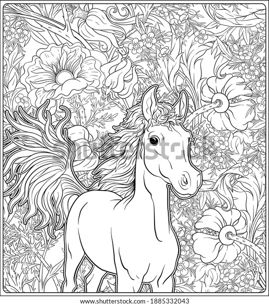 Horse and Flowers. Outline vector\
illustration. Coloring page for the adult coloring book.\
.