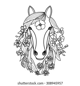 Horse and flowers. Vector illustration for textile prints, tattoo, signs, web and graphic design