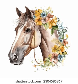 Horse with Flowers Watercolor Vector Illustration