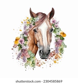 Horse with Flowers Watercolor Vector Illustration