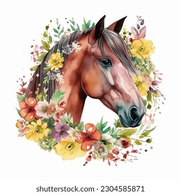 Caballo con Flores Watercolor Vector Ilustración