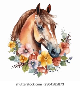 Horse with Flowers Watercolor Vector Illustration