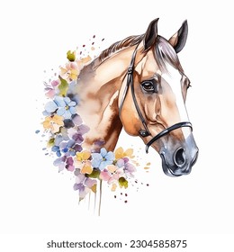 Horse with Flowers Watercolor Vector Illustration