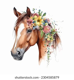 Horse with Flowers Watercolor Vector Illustration