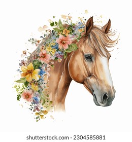 Caballo con Flores Watercolor Vector Ilustración