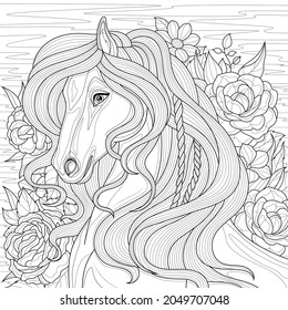 A horse in flowers.Coloring book antistress for children and adults. Illustration isolated on white background.Zen-tangle style. Hand draw