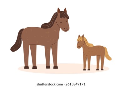Horse and foal cliparts isolated on white background. Farming, animals, livestock concept. Vector flat illustration.