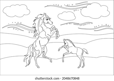 Caballo con un potro. Libro de Colores para niños. Ilustración vectorial.